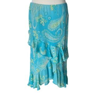 Chaps Womens Blue Paisley Ruffle Tiered Midi Skirt Size M Y2K Asymmetrical